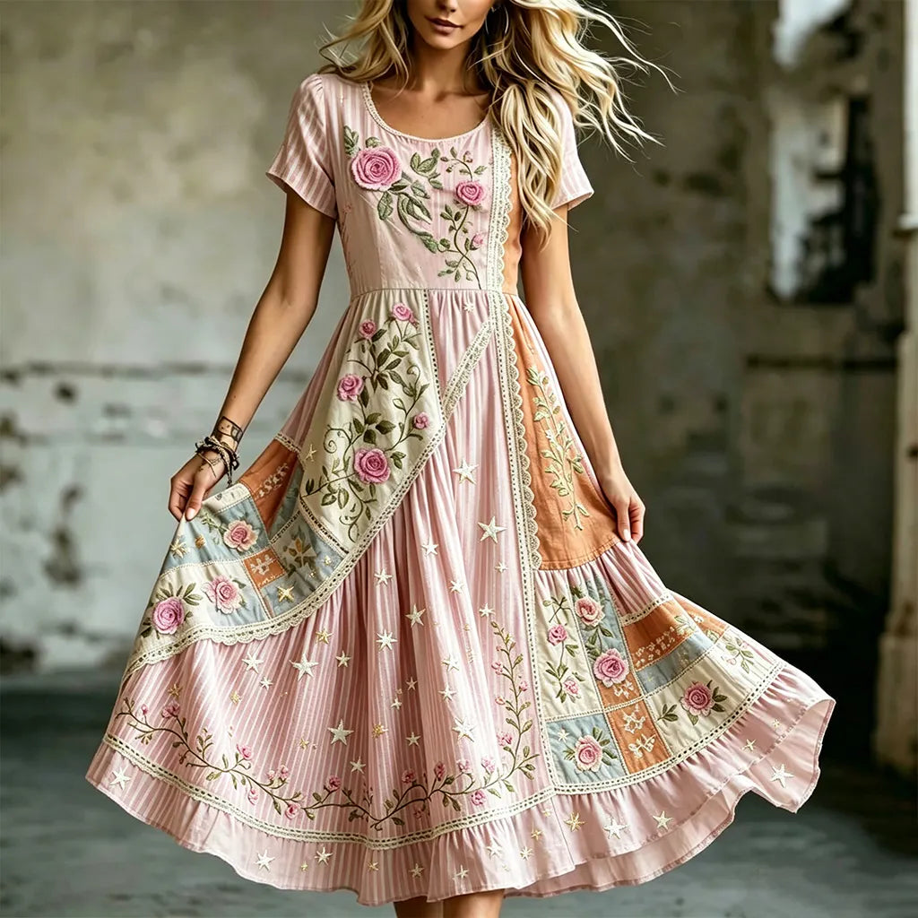 Women's Retro Bohemian Floral Irregular Color-blocked Round Neck Dress