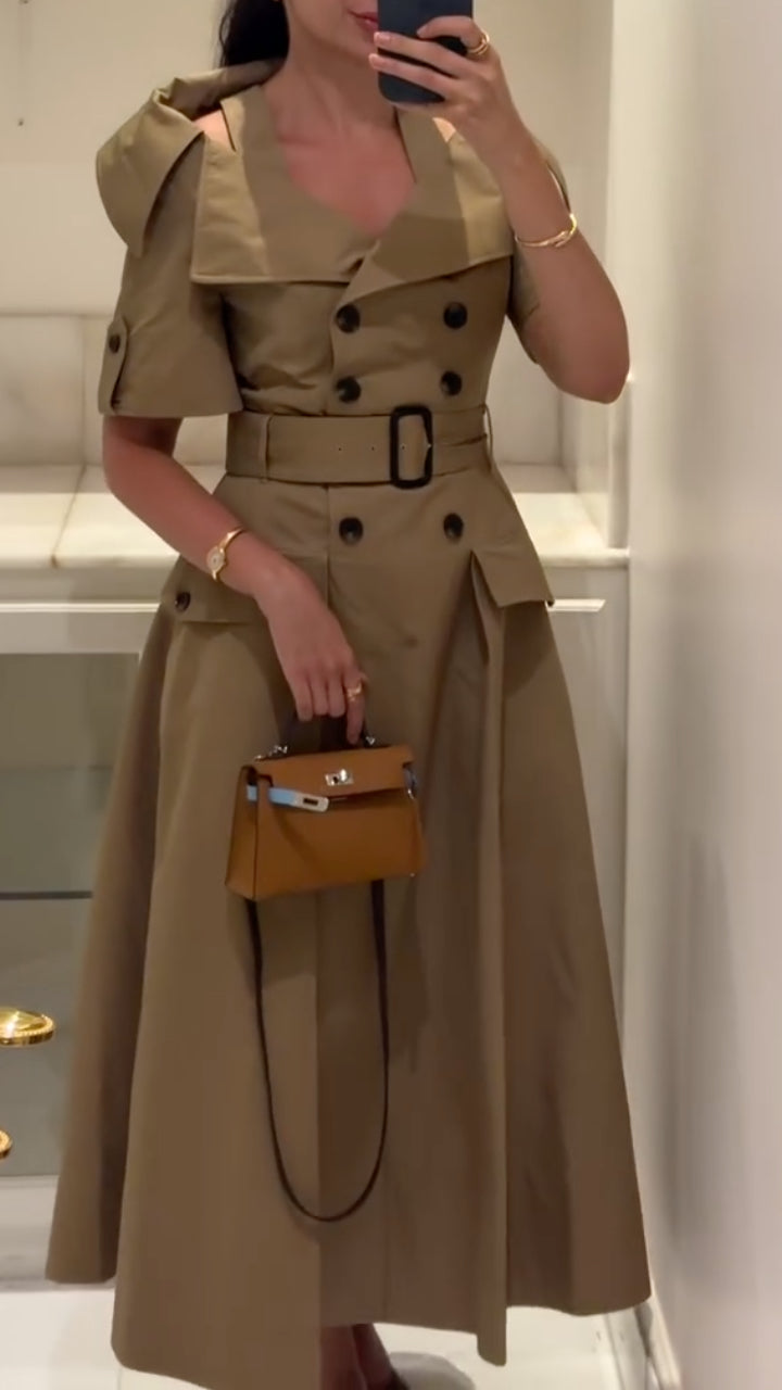 Khaki Trench‐Style Midi Dress