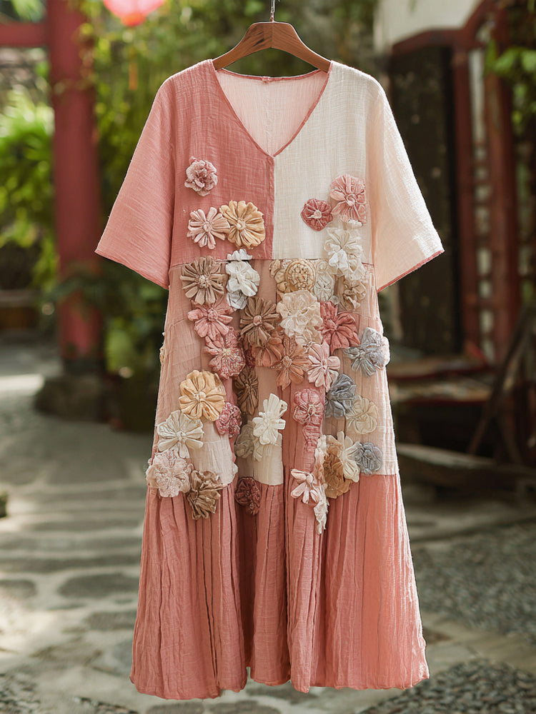 Vintage Boho Floral Embroidered Patchwork Linen Maxi Dress