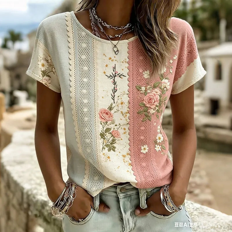 Women's Vintage Patchwork Floral Print Crew Neck T-shirt