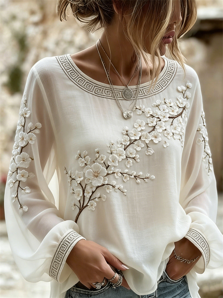 Classy Almond Blossom Japanese Art Flowy Linen Tunic