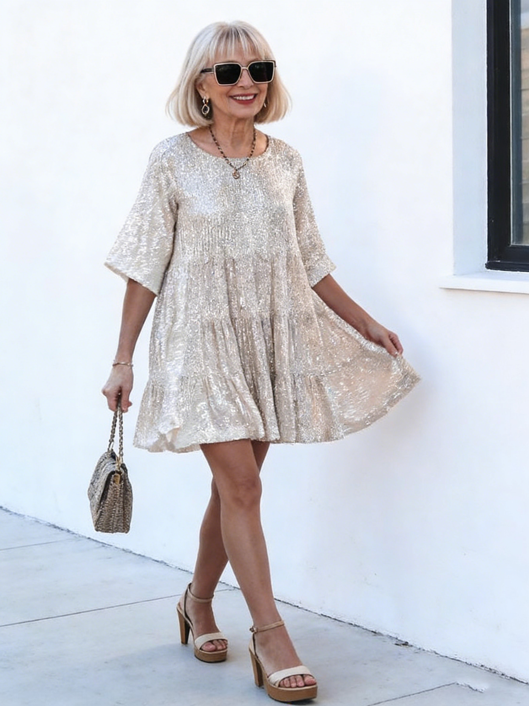Solid Color Fashion Sequin Crew Neck Loose Waist Short Sleeve Dress Banquet Dress