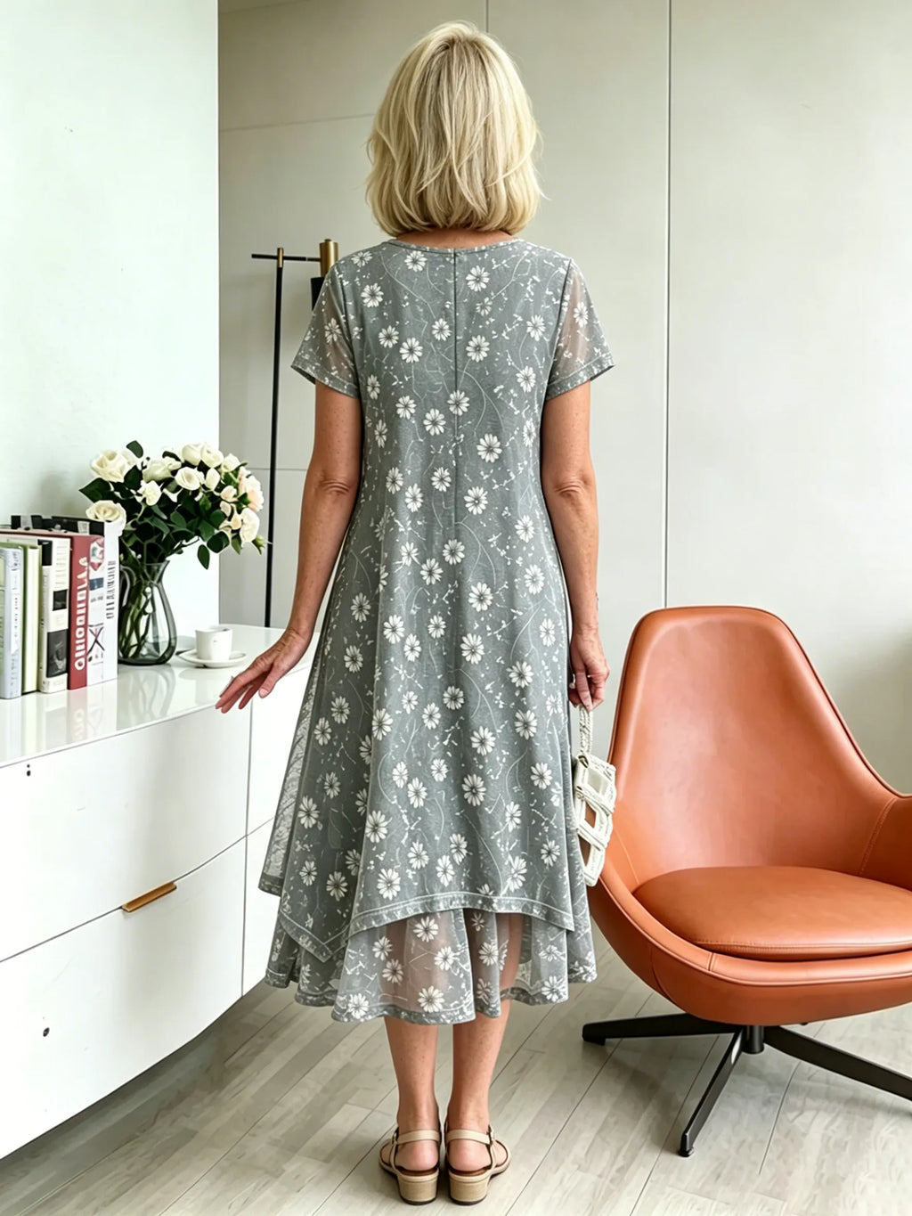 Grey & Orange Floral Mesh Layered Midi Dress, Round Neck 3/4 Sleeve Loose Tummy Concealing Plus Size Dress for Mature Women