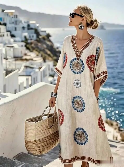 Women'S Casual Color-Block Cotton And Linen Dress