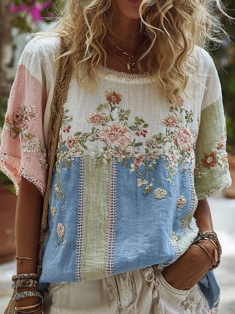 Women's Retro Floral Embroidered Patchwork Art Round Neck Linen Blend T-shirt