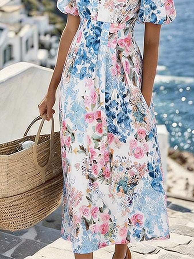 Women's Casual V-neck Printed Resort Dress