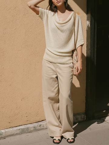 Women's Cream Knit Cowl-Neck Top & Beige Cotton-Blend Pants Set, Timeless Effortless-Chic Neutral Outfit MDZ2583D4LYL