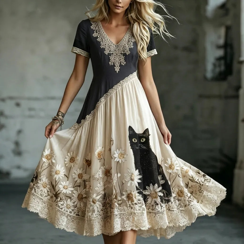 Women's Retro Chrysanthemum And Black Cat Art Pattern Patchwork V-neck Dress