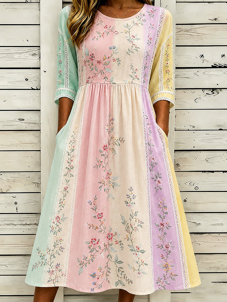 Women's Retro Floral Art Embroidery Striped Spliced Comfortable Cotton Linen Refreshing Round Neck Dress