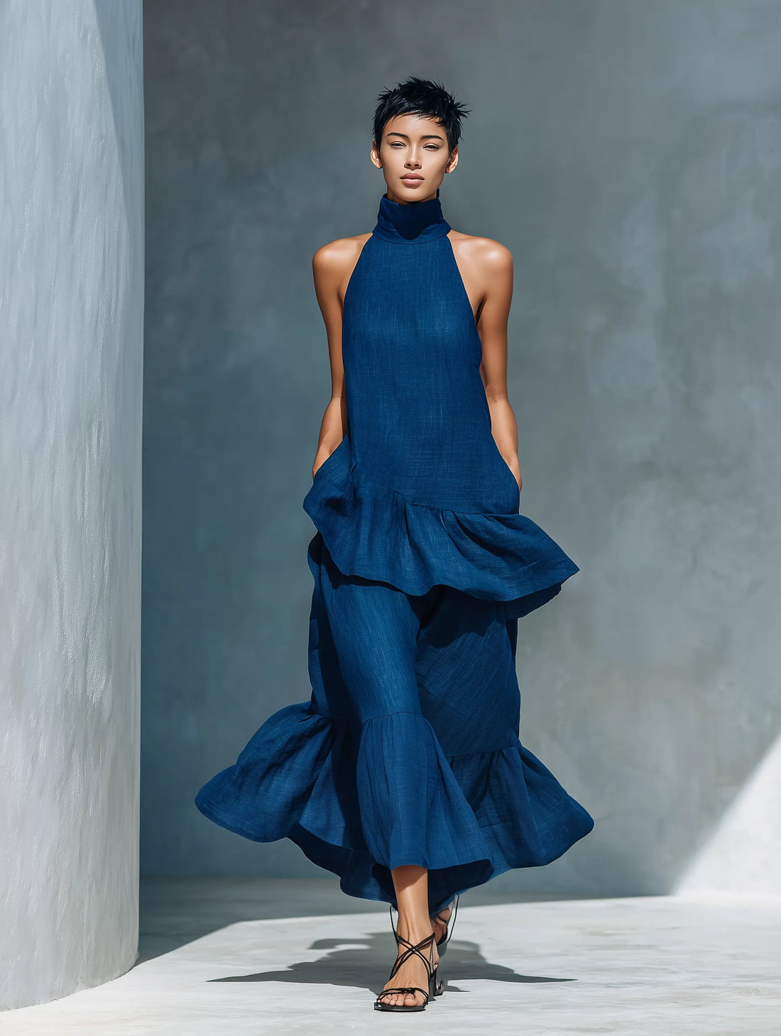 Women’s Indigo Blue Linen-Blend Sleeveless High Neck Tiered Ruffle Maxi Dress MDZ2217D7T