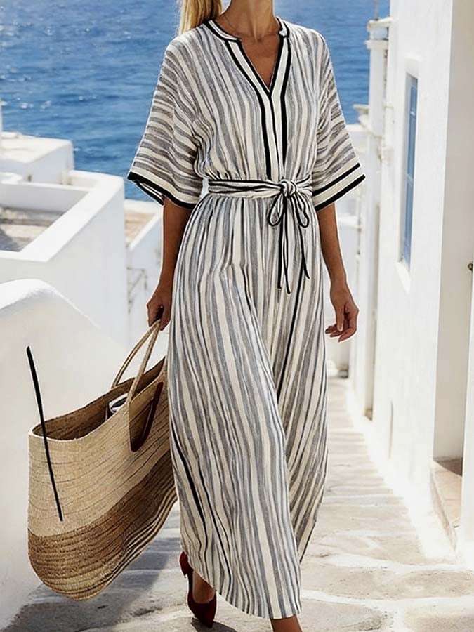 Women'S Casual V-Neck Striped Tie-Waist Dress