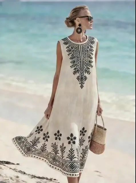 Women'S Round Neck Sleeveless Color-Block Printed Dress