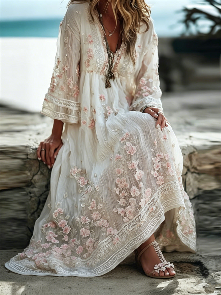 Boho Cherry Blossom Floral Flowy Linen Maxi Dress