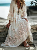 Boho Cherry Blossom Floral Flowy Linen Maxi Dress