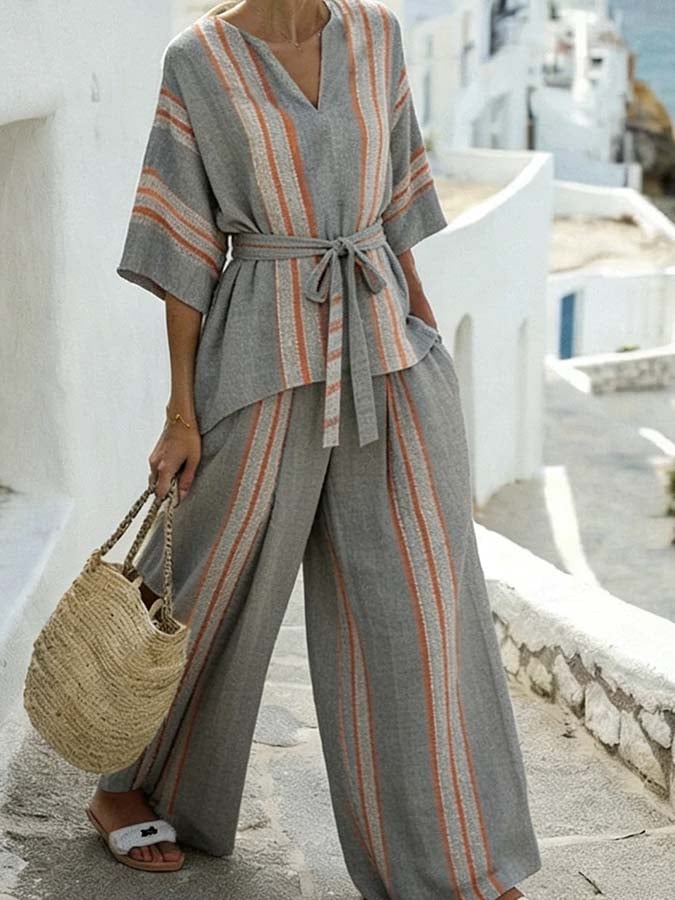Women'S Casual Striped Color-Block Wide-Leg Pants Set