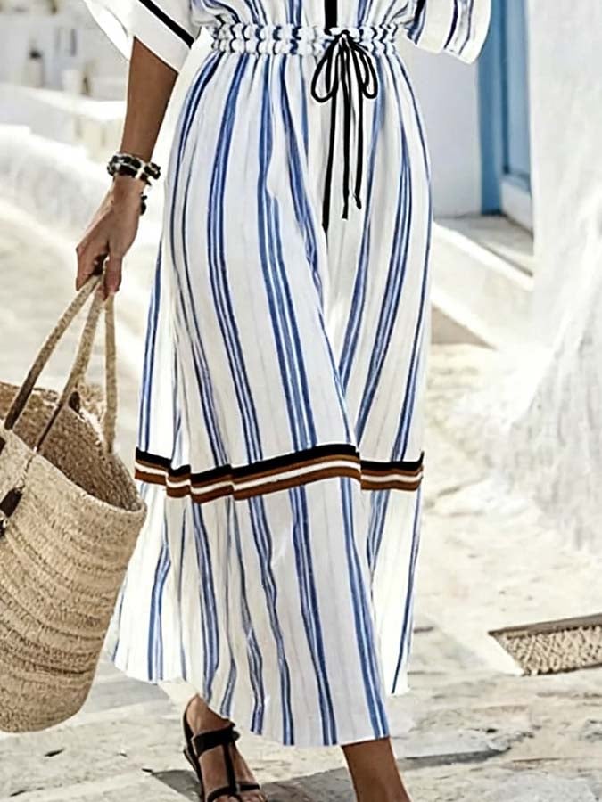 Women'S Casual Color-Block Striped Dress