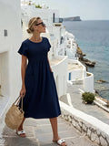 Women'S Solid Color Round Neck Pleated Short-Sleeved Dress