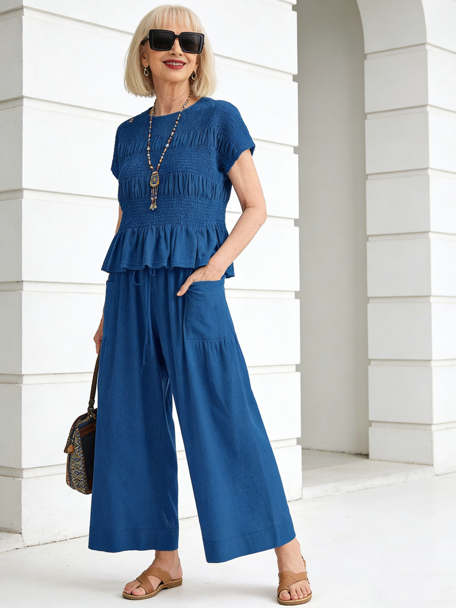 2pcs Cotton Harem Pants Mid-rise Casual Suit Resort Style