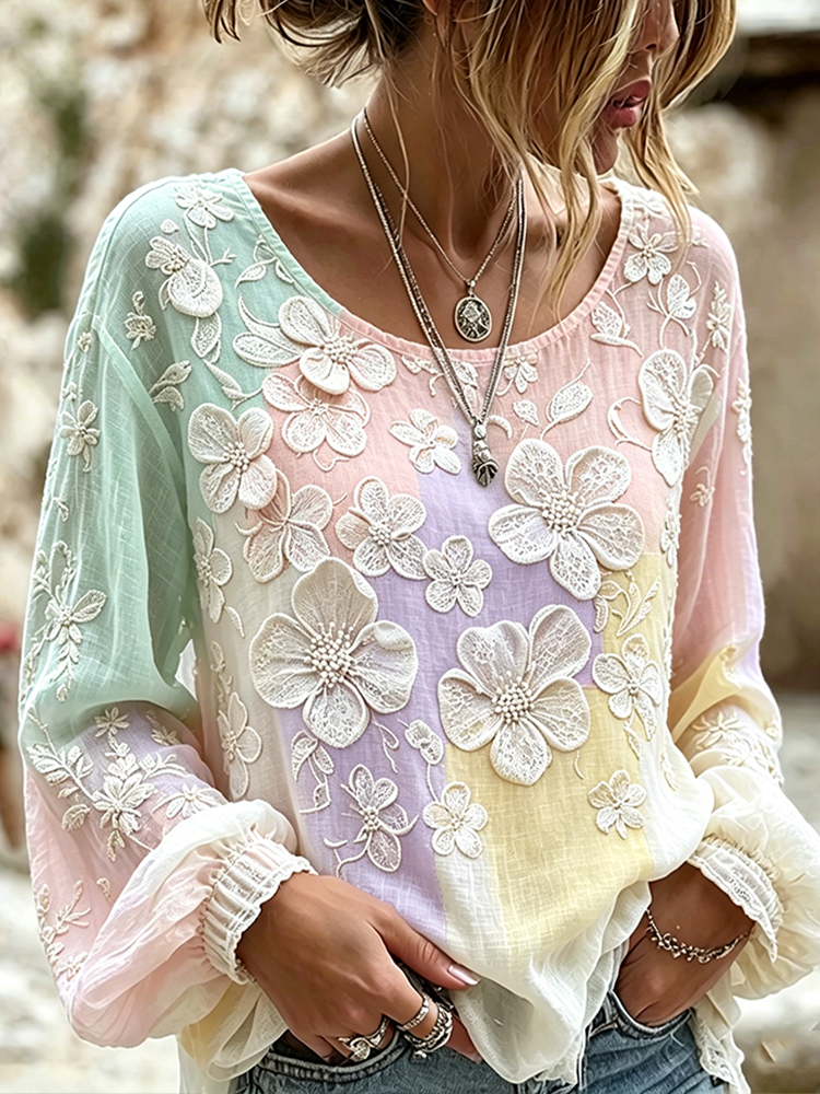 Colorful Color Design Flower Pattern Casual Linen Top