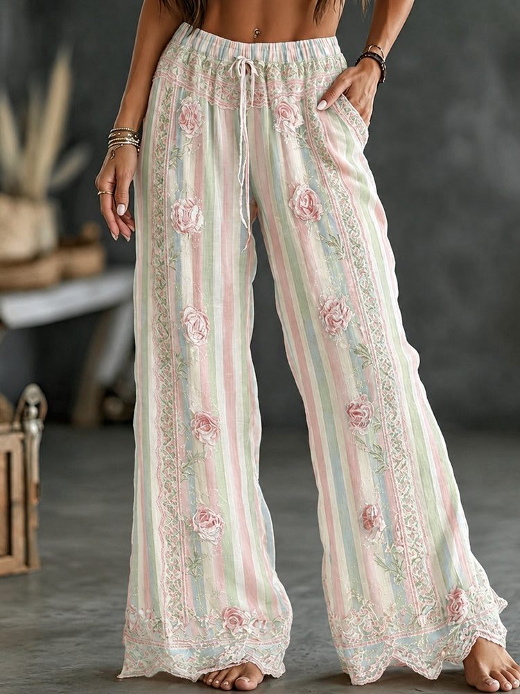 Women's Vintage Floral Vine Art Embroidery Patchwork Cotton Linen Pants