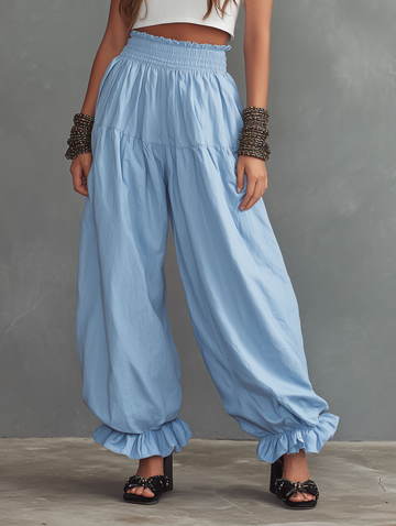 Women's Minimalist Linen-Blend Balloon Pants With Elastic High Waist And Ruffled Cuffs MDZ2585D3Y
