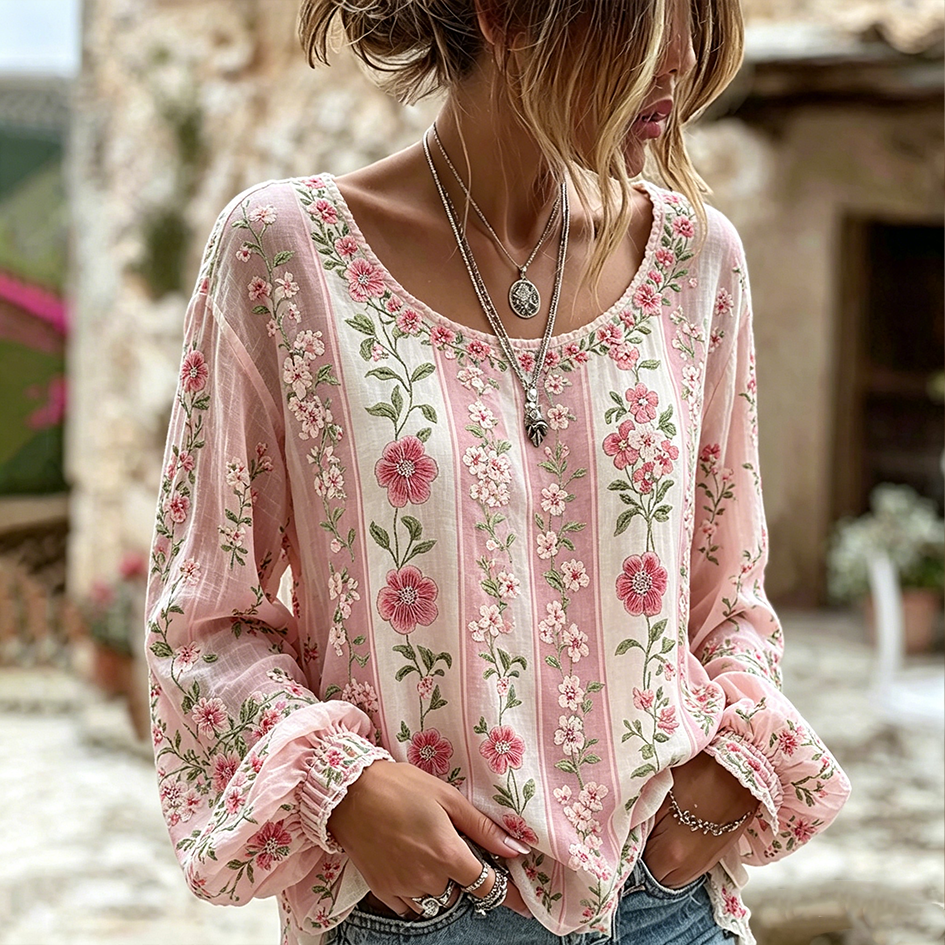 Bohemian Plant Flower Embroidered Pattern Retro Casual Linen Top