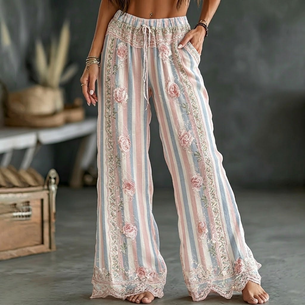 Women's Vintage Floral Vine Art Embroidery Patchwork Cotton Linen Pants