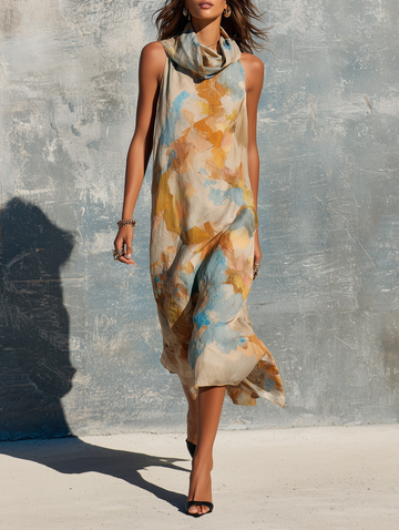 Women's Elegant Sleeveless Straight-Cut Midi Dress With Cowl Neck And Watercolor Ombré Print MDZ2331D3Y