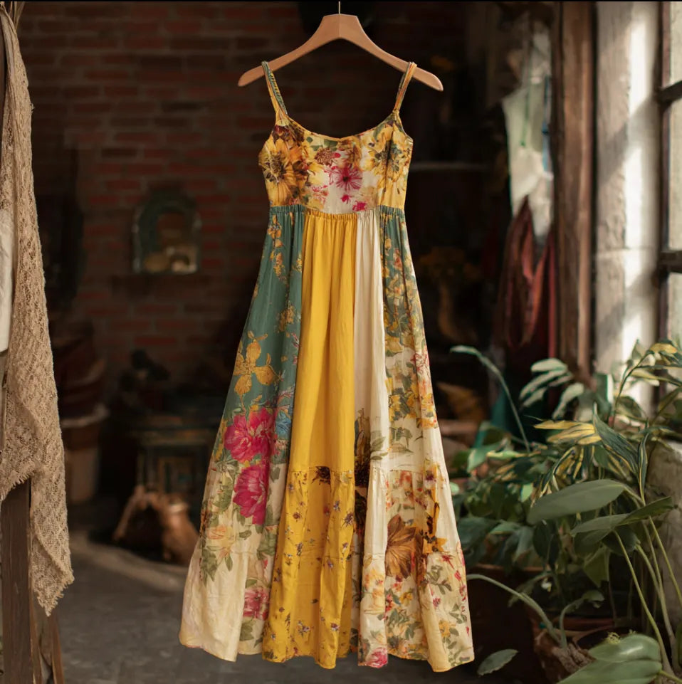 Bohemian Style Plant Flower Pattern Multi-color Women Cotton And Linen Strap Long Dress