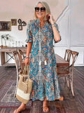 Vacation DRESS Paisley Bohemian Long Length Vintage Print Tassel Tie Neck Tunic Dress - Elegant Vacation Style with Drawstring, Ruffle Hem, and Random Printing