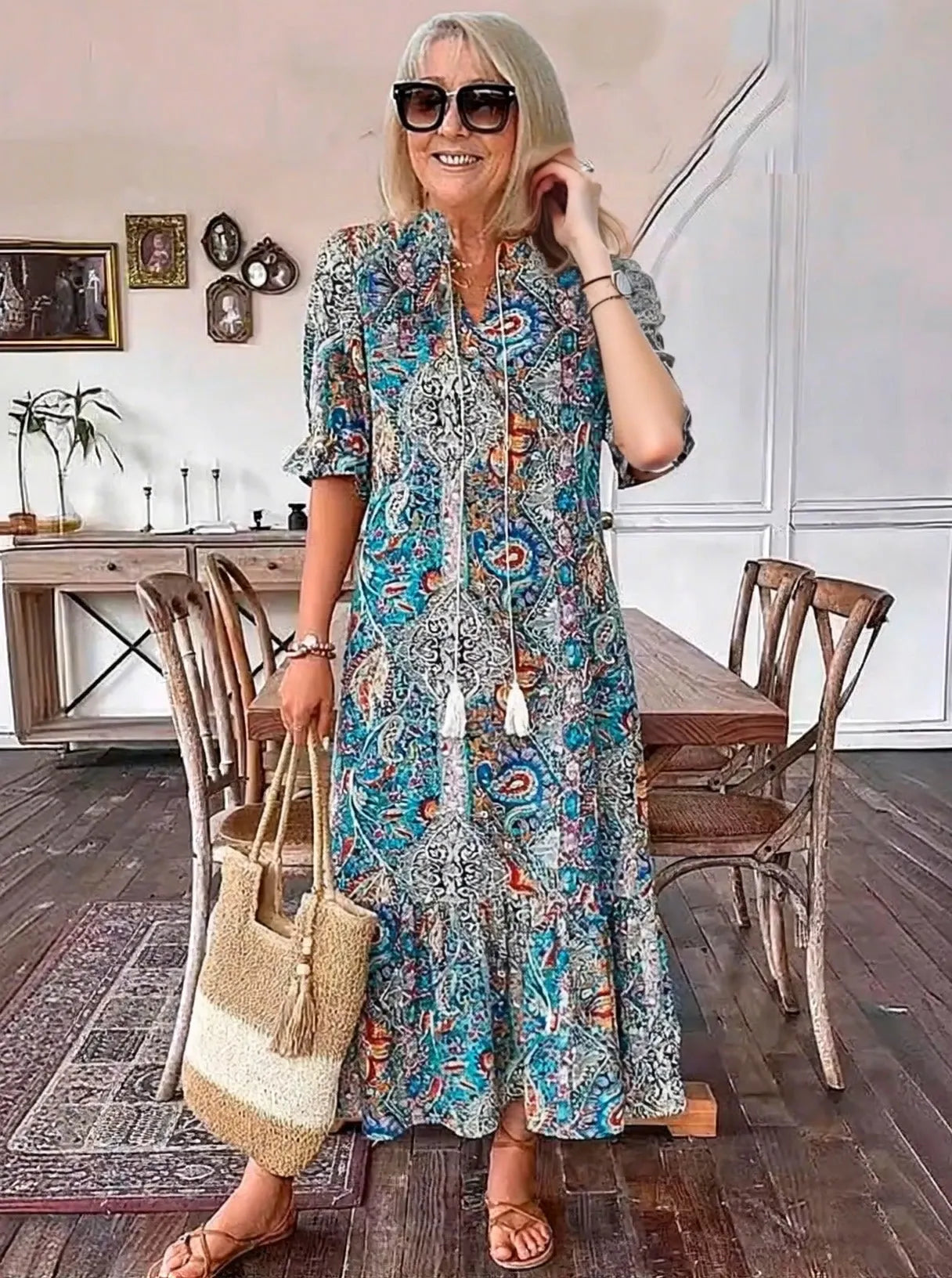 Vacation DRESS Paisley Bohemian Long Length Vintage Print Tassel Tie Neck Tunic Dress - Elegant Vacation Style with Drawstring, Ruffle Hem, and Random Printing
