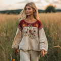 Retro Bohemian Floral Embroidery Art  Linen Blend Loose Blouse