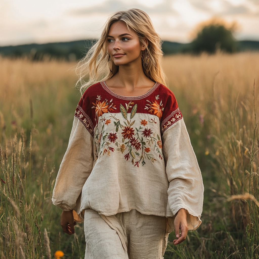 Retro Bohemian Floral Embroidery Art  Linen Blend Loose Blouse