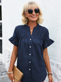 Short Sleeve Shrinkle Shirt Button Solid Color Cotton and Linen Stand-Up Collar Shirt