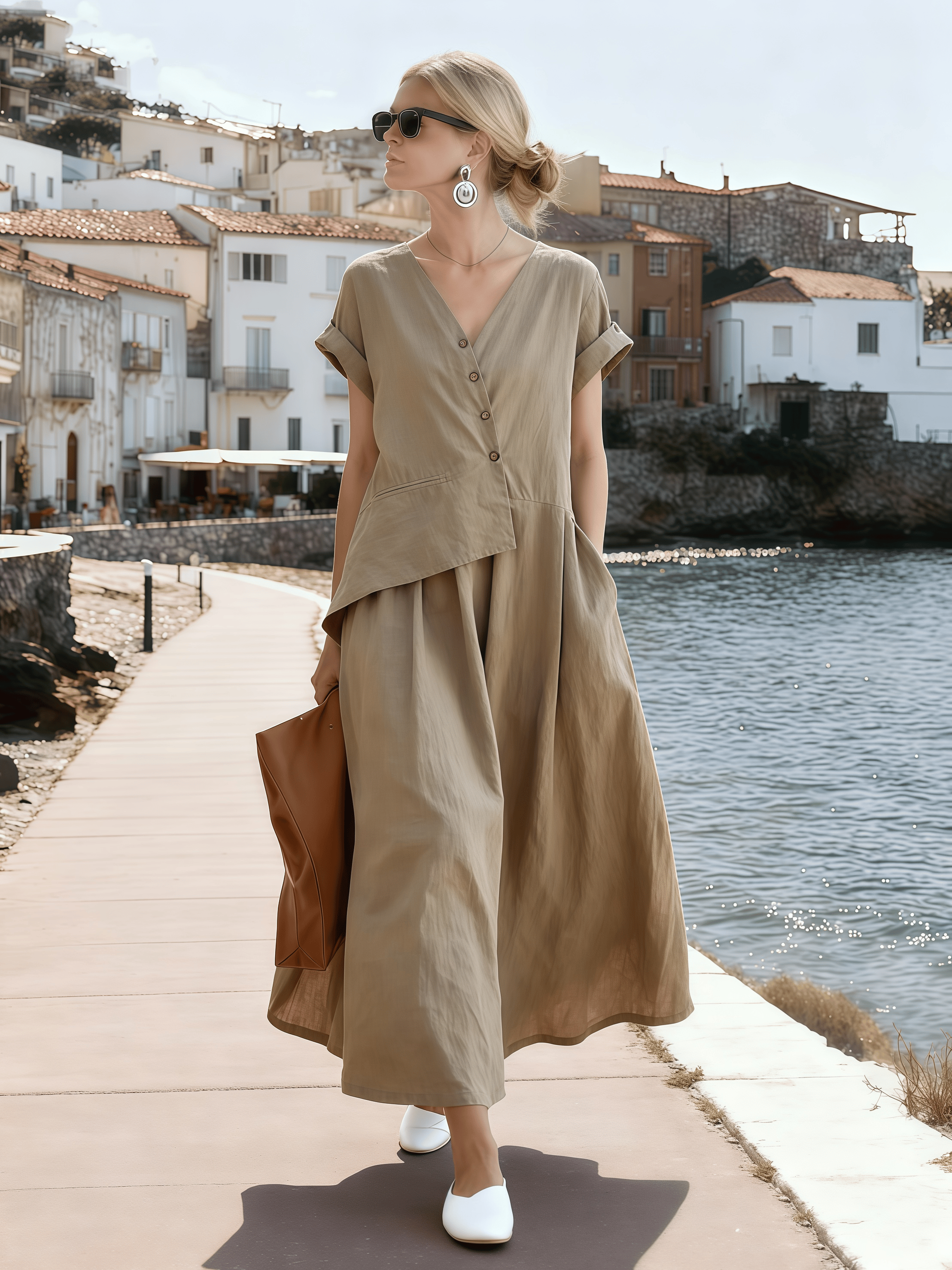 Women's V-Neck Casual Loose Short-Sleeved Irregular Dress