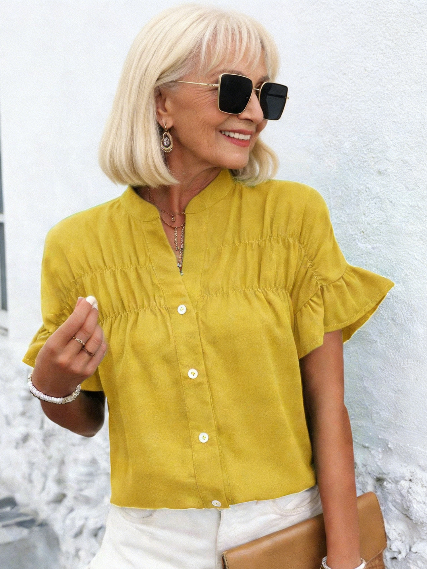 Short Sleeve Shrinkle Shirt Button Solid Color Cotton and Linen Stand-Up Collar Shirt