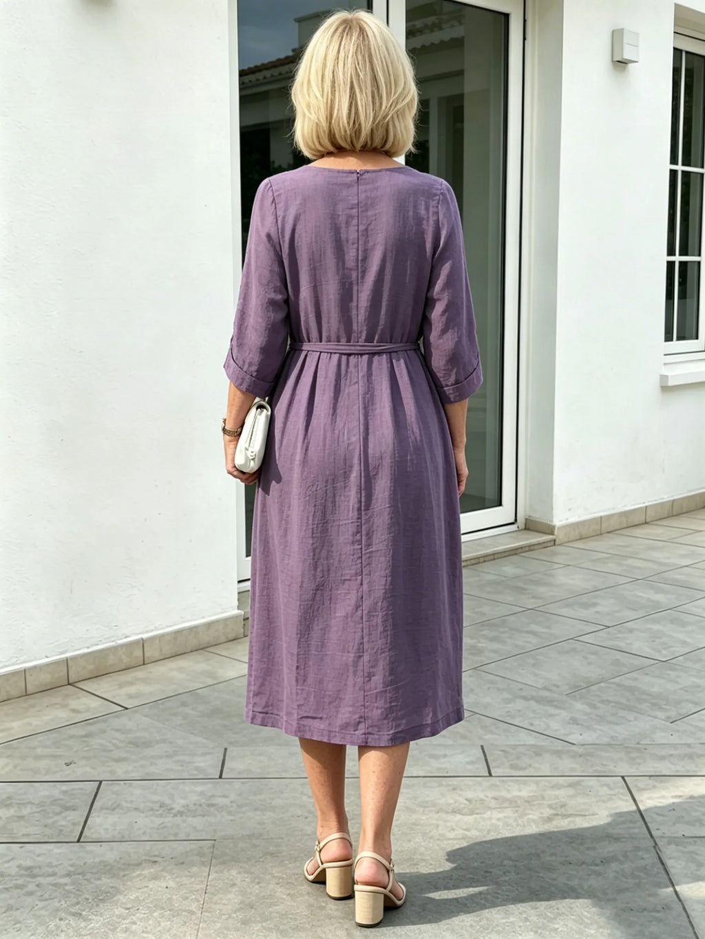 Embroidered Seven-quarter-sleeved Dress for Women's Loose and Thin Lace-up Waist Mid-length Dress