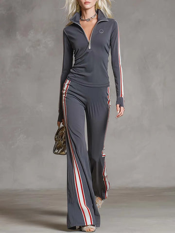 Elegant Retro Sporty Gray Cotton Fabric Lapel Front Zipper Top And Pant Set