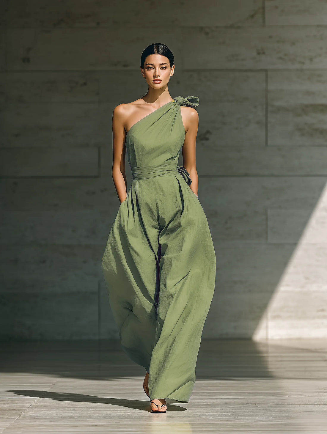Women's Light Green Cotton And Linen Blend One-Shoulder Wide-Leg Jumpsuit With Tie Waist MDZ3136A8T