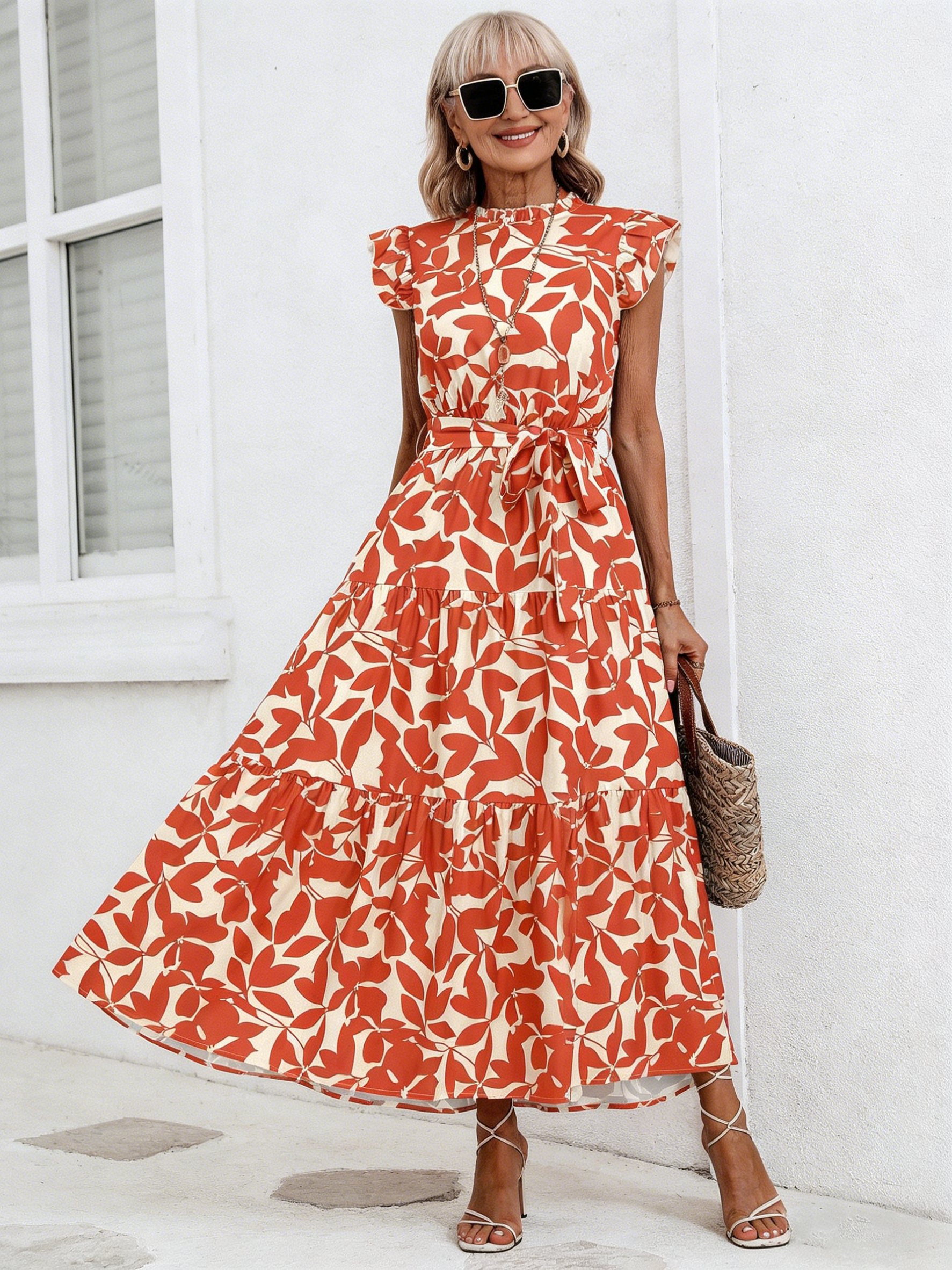 Vacation Fashion Fungus Edge Flying Sleeves Lace-Up Printed  Dress