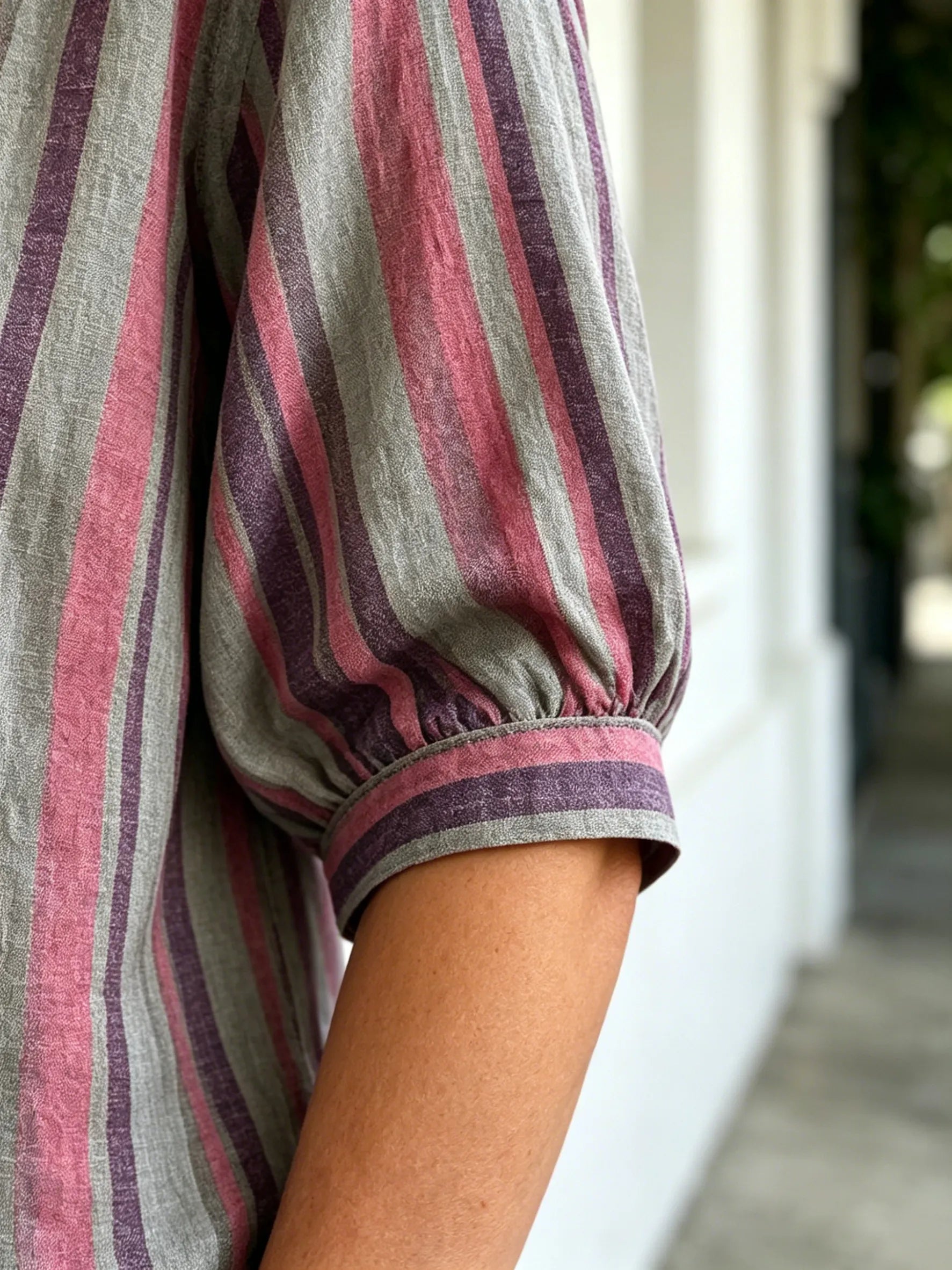 Contrasting Striped Shirt Lapel Single-breasted Medium Sleeve Top Women's Shirt