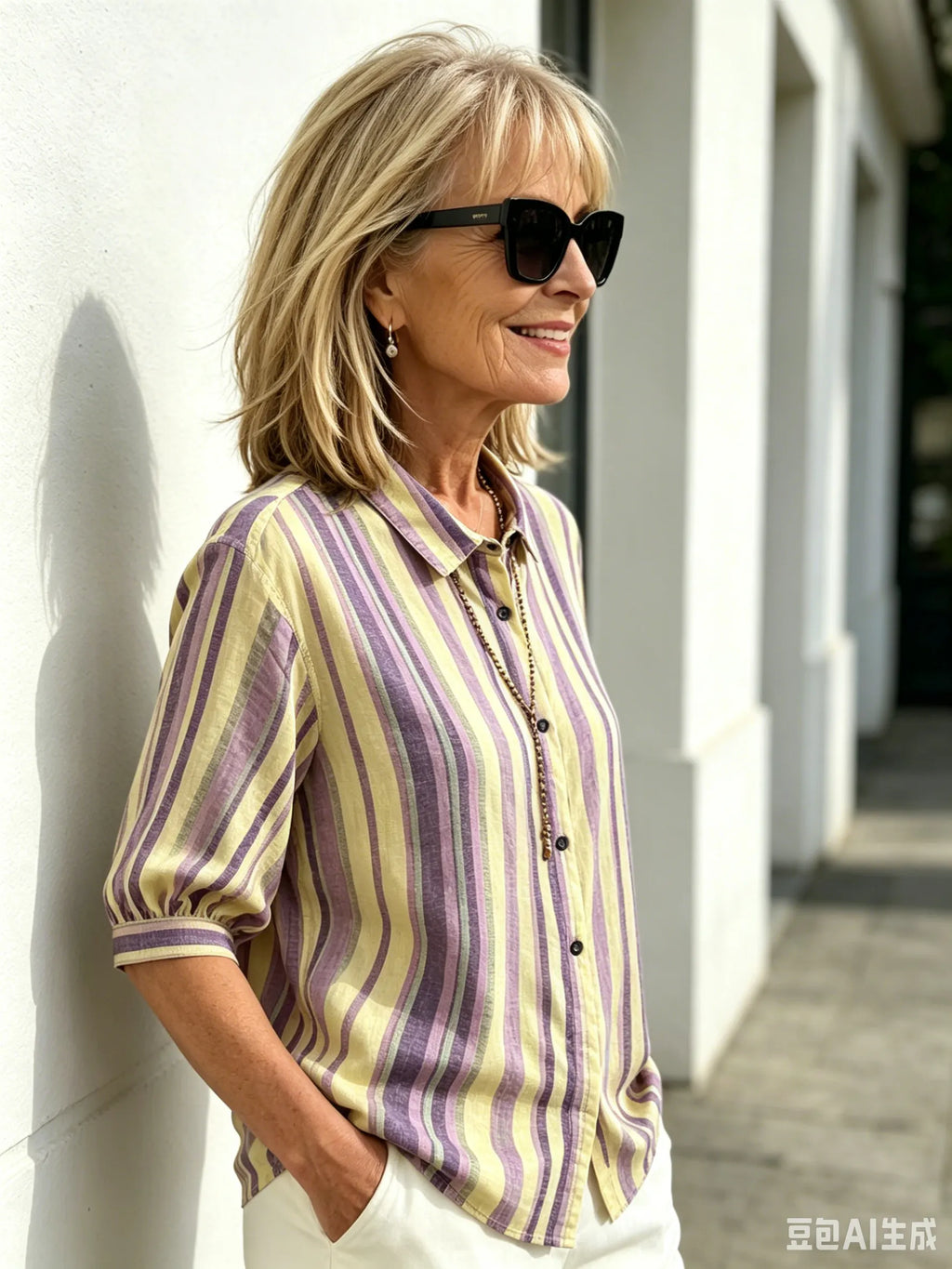 Contrasting Striped Shirt Lapel Single-breasted Medium Sleeve Top Women's Shirt
