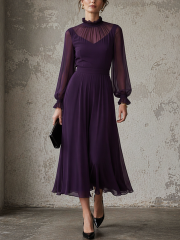 Women's Elegant Purple Chiffon Fashionable Lantern Sleeve High-Neck Slim Waist A-line Long Dress MDZ1679D2GMJ