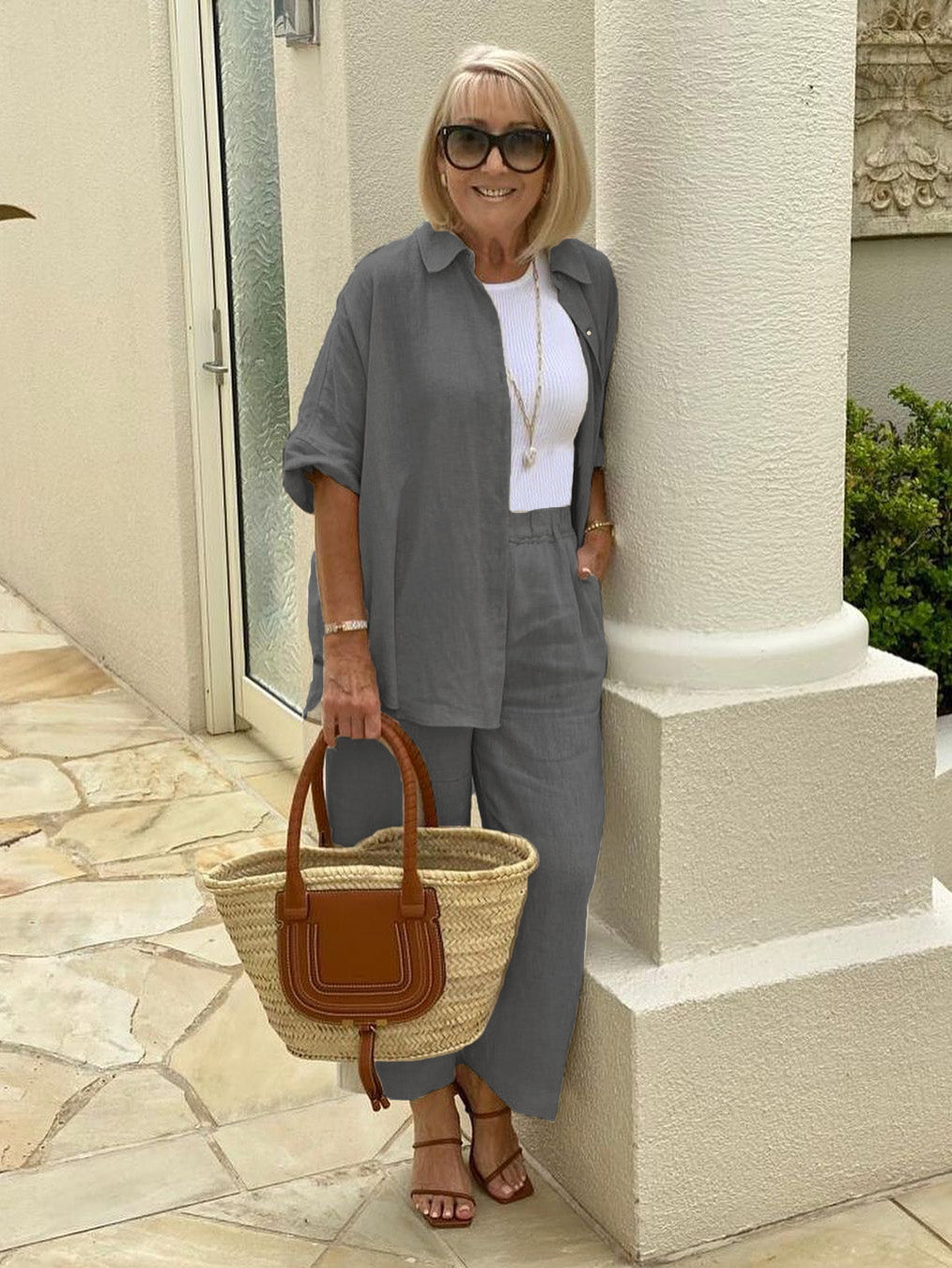 Long Sleeve Button Shirt &Minimalist Solid Two-piece Set
