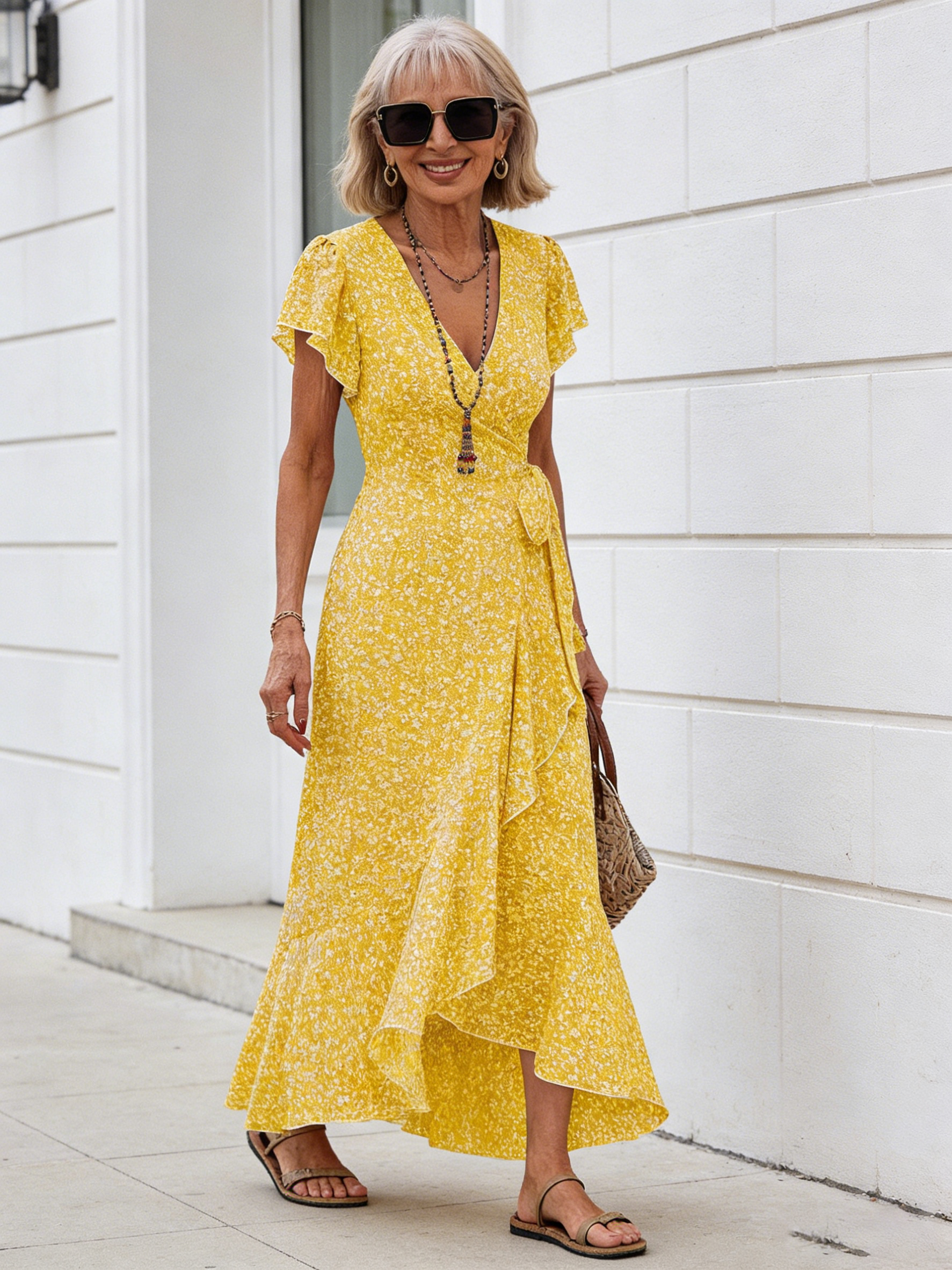 Small Floral V-neck Cardigan Belt Wrap Short Sleeve Bohemian Vacation Dress Women
