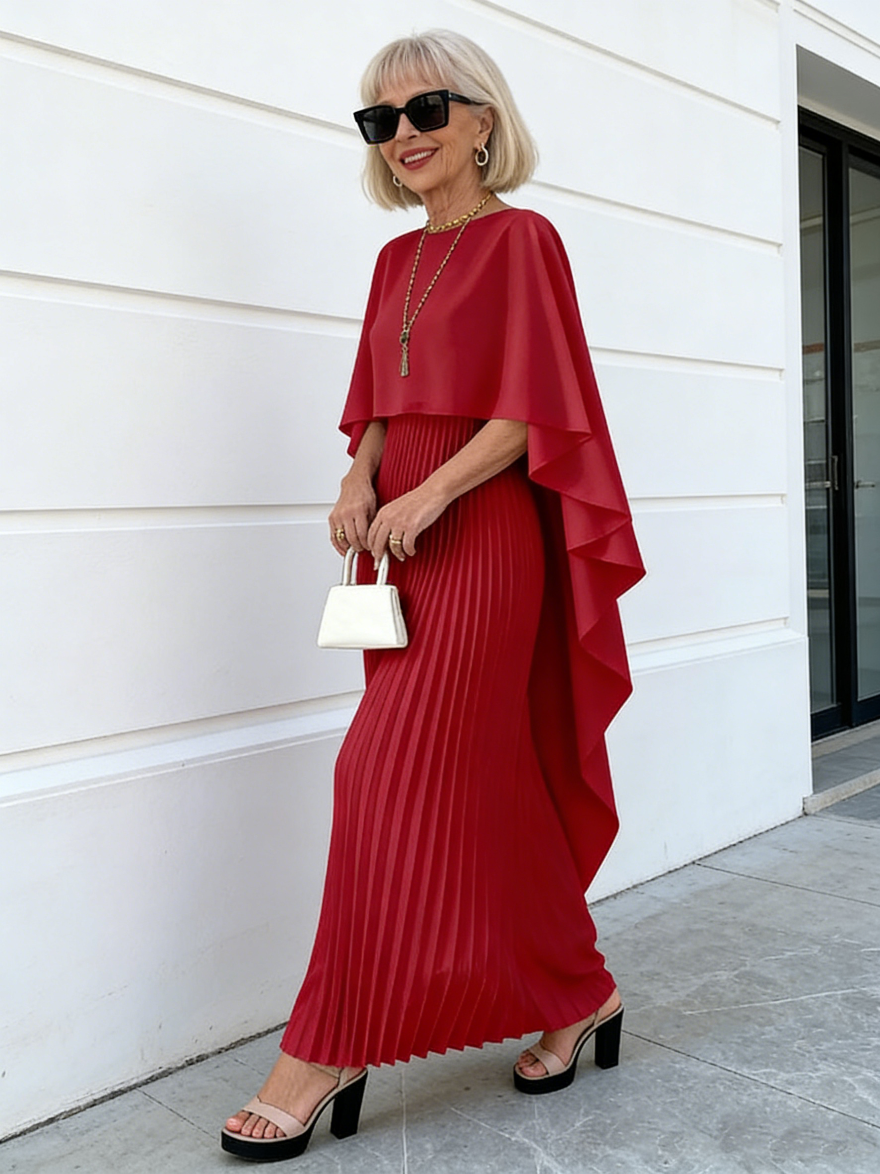 2Pcs Loose Bat Sleeve Pleated Irregular Temperament Elegant Dress