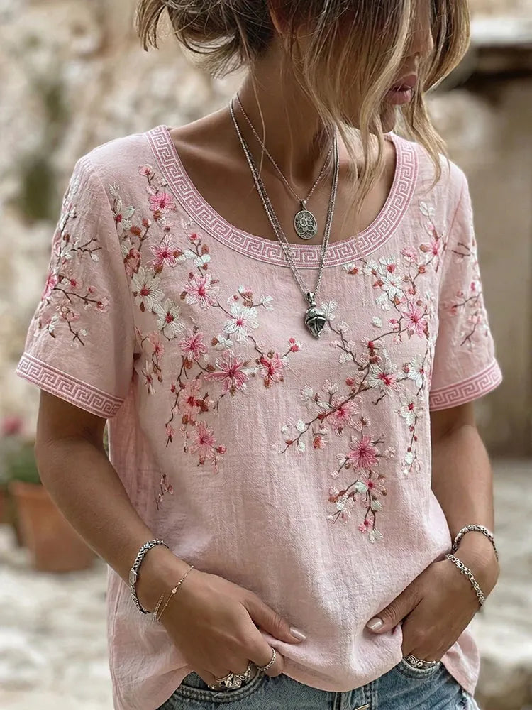 Women's Vintage  Japanese Cherry Blossom Art Round Neck Short Sleeve T-shirt