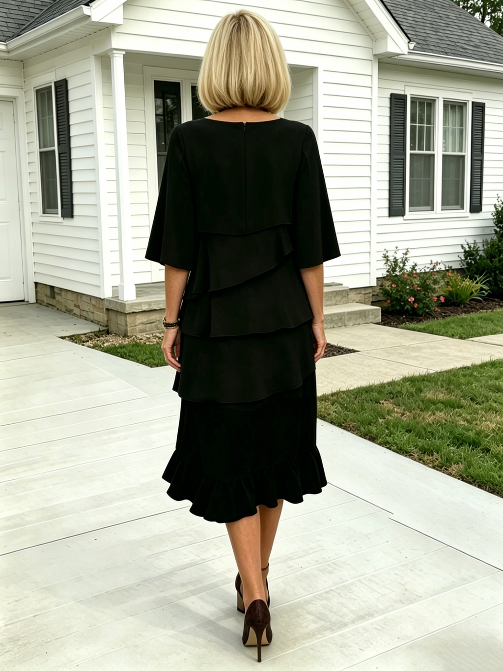 (Length end to the knee)Black Dress Style Fashion Solid Color Round Neck Cake Skirt Splicing Dress Women's Clothing