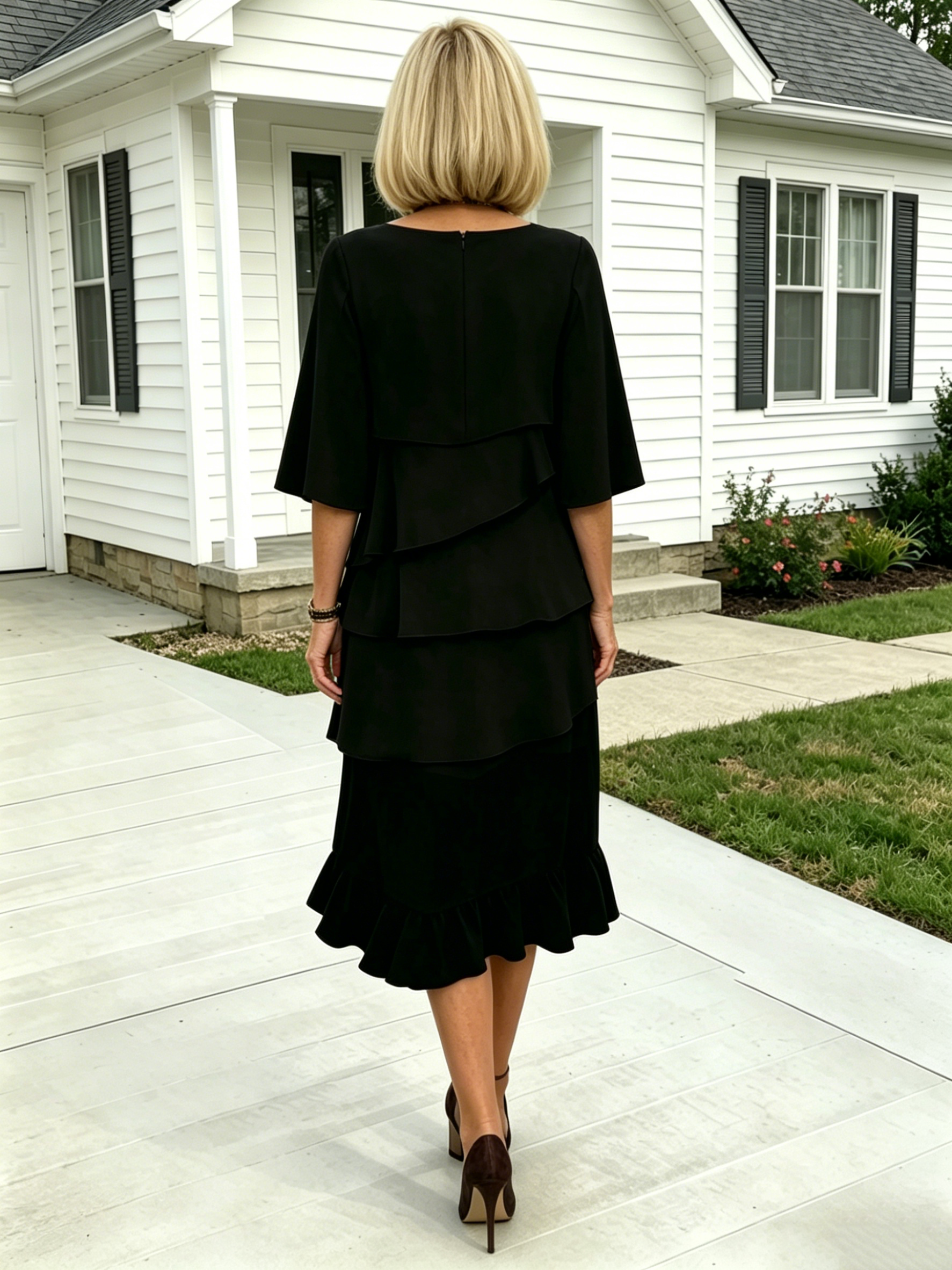 (Length end to the knee)Black Dress Style Fashion Solid Color Round Neck Cake Skirt Splicing Dress Women's Clothing