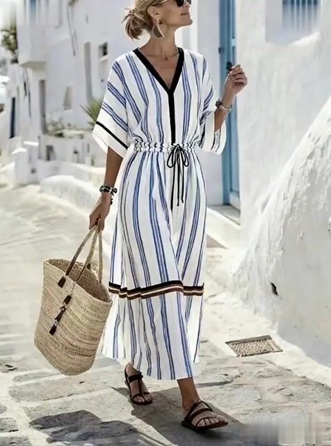 Women'S Casual Color-Block Striped Dress